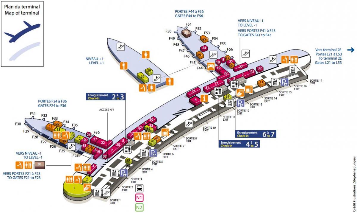 แผนที่ของ CDG สนามบินเทอร์มินัล 2F
