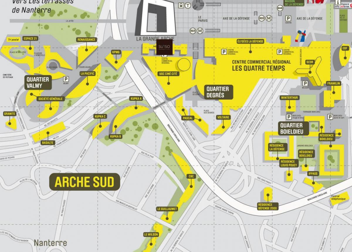 แผนที่ของ La Défense ทางตอนใต้ขนาด arche